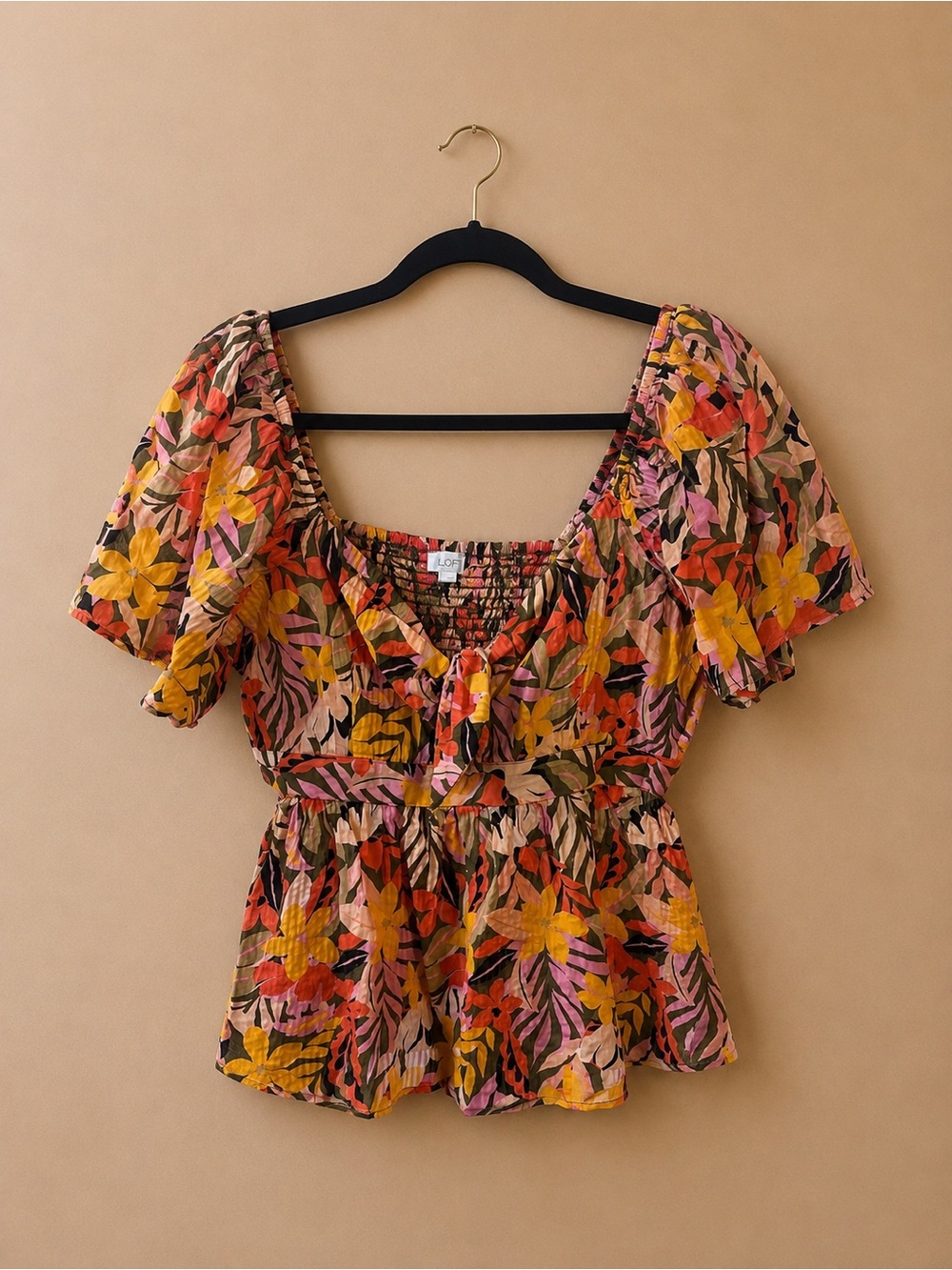 LOFT Floral Tie-Front Smocked Peplum Blouse - Yellow, Pink & Green